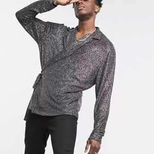 ASOS DESIGN relaxed long sleeve wrap shirt in black metallic jersey